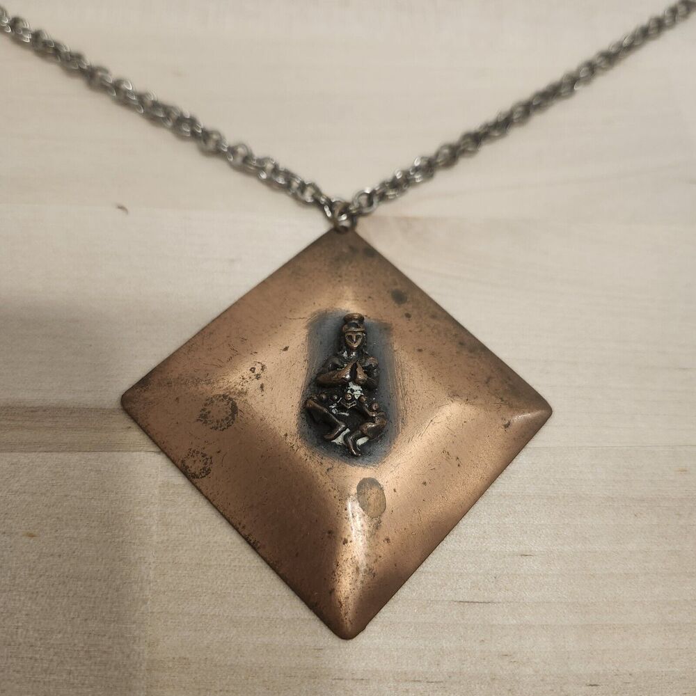 Antique Hindu Necklace Pendant, Vtg Copper Brass Hindi Religious With Chain